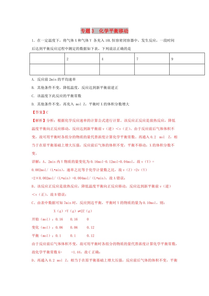 2019年高考化学一轮复习 化学反应速率和化学平衡 专题03 化学平衡的移动练习.doc_第1页