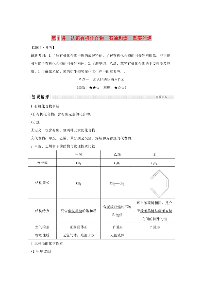 2019版高考化学大一轮复习 第9章 有机化合物 第1讲 认识有机化合物 石油和煤 重要的烃学案 鲁科版.doc_第1页