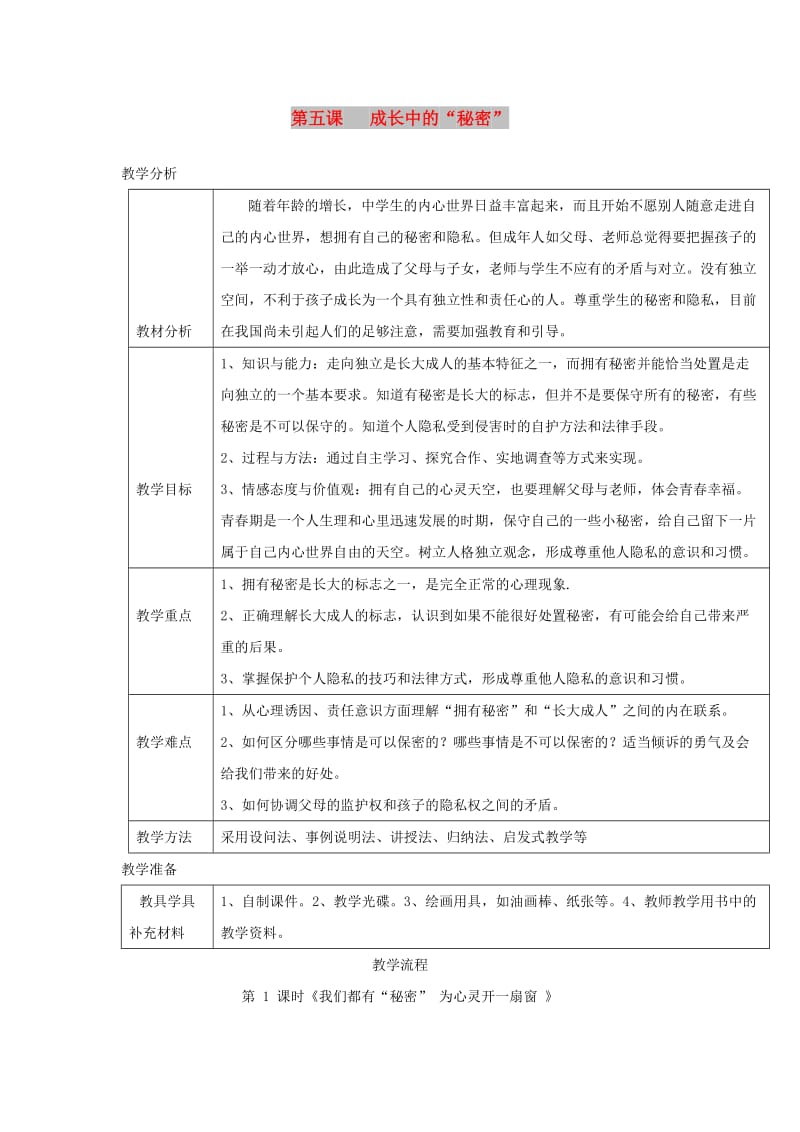 八年级道德与法治上册 第二单元 青春自画像 第五课 成长的“秘密”第1框 我们都有“秘密”为心灵开一扇窗教学设计 人民版.doc_第1页