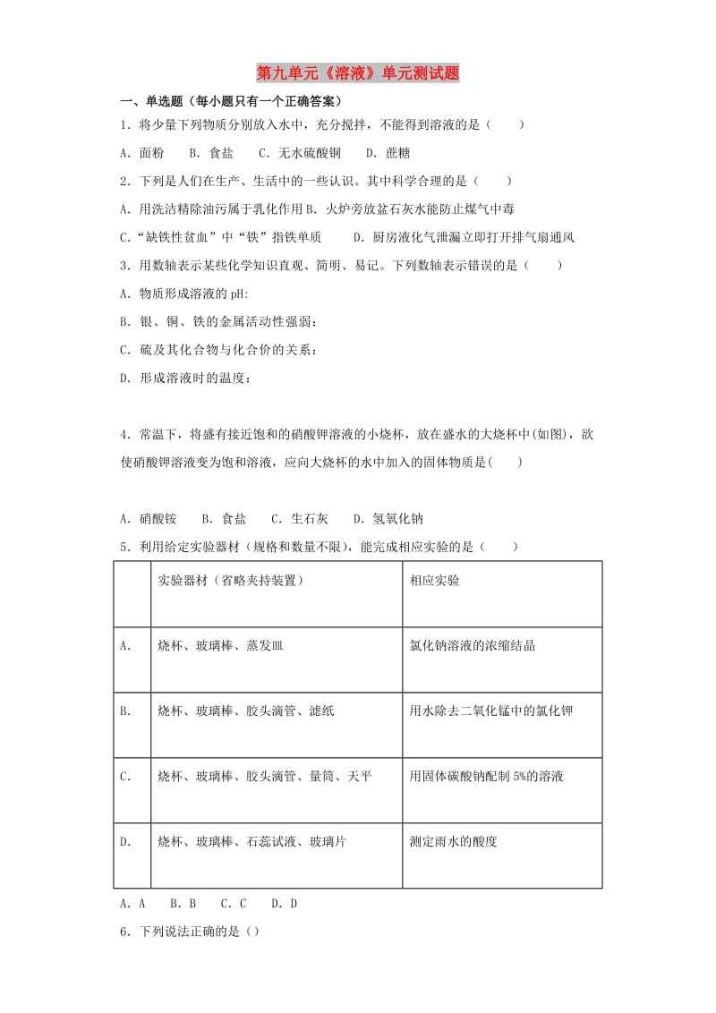 九年级化学下册 第九单元《溶液》单元测试题2（含解析）（新版）新人教版.doc_第1页