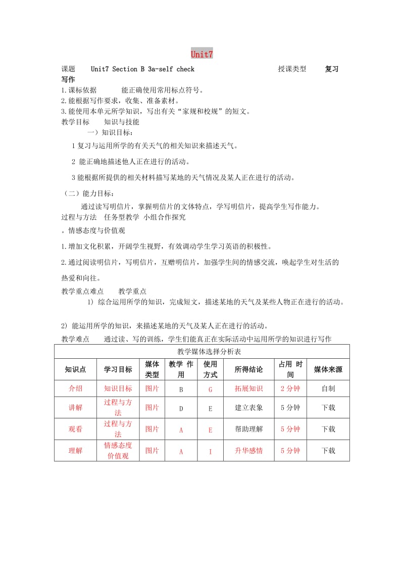 七年级英语下册 Unit 7 It’s raining Section B（3a-self check）教学设计 人教新目标版.doc_第1页