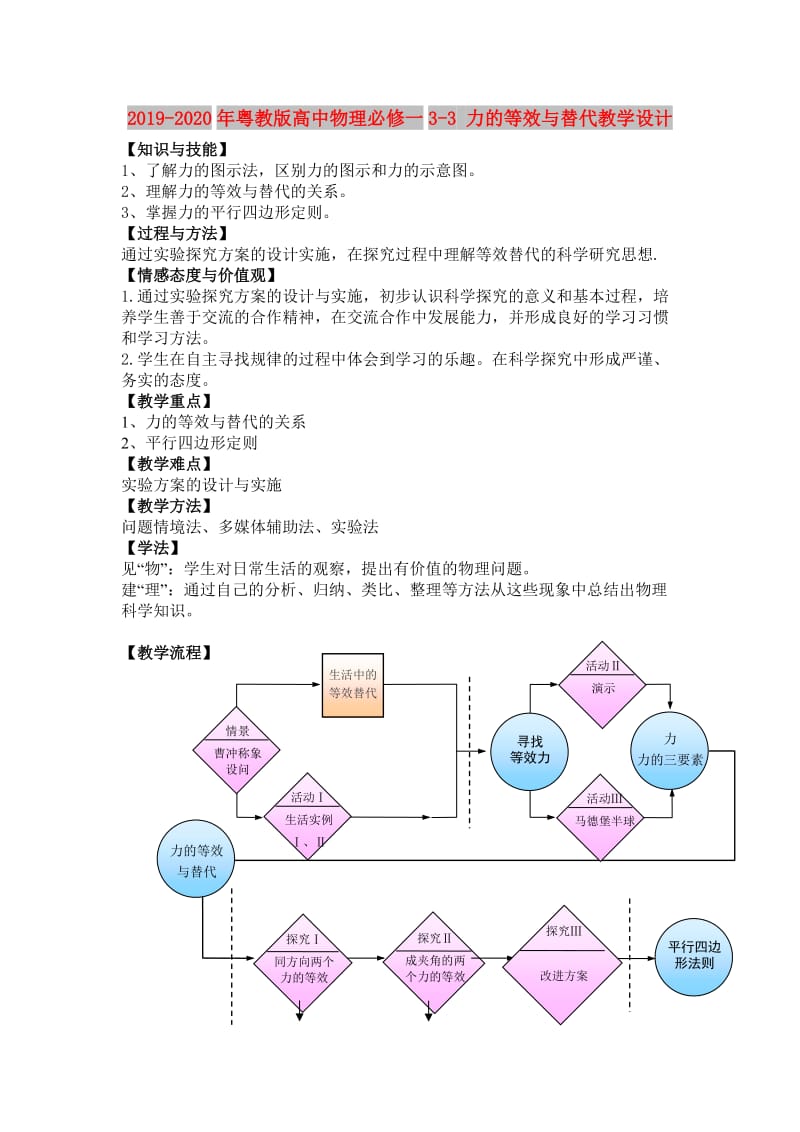 2019-2020年粤教版高中物理必修一3-3 力的等效与替代教学设计.doc_第1页