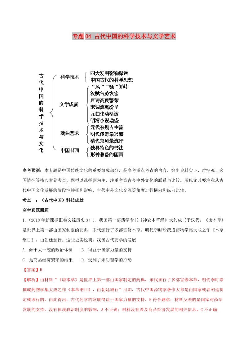 2019年高考历史一轮总复习 巅峰冲刺 专题04 古代中国的科学技术与文学艺术突破（含解析）.doc_第1页