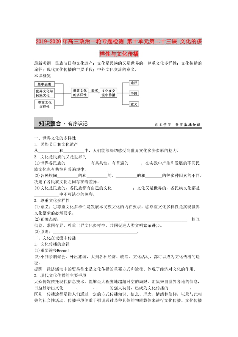 2019-2020年高三政治一轮专题检测 第十单元第二十三课 文化的多样性与文化传播.doc_第1页