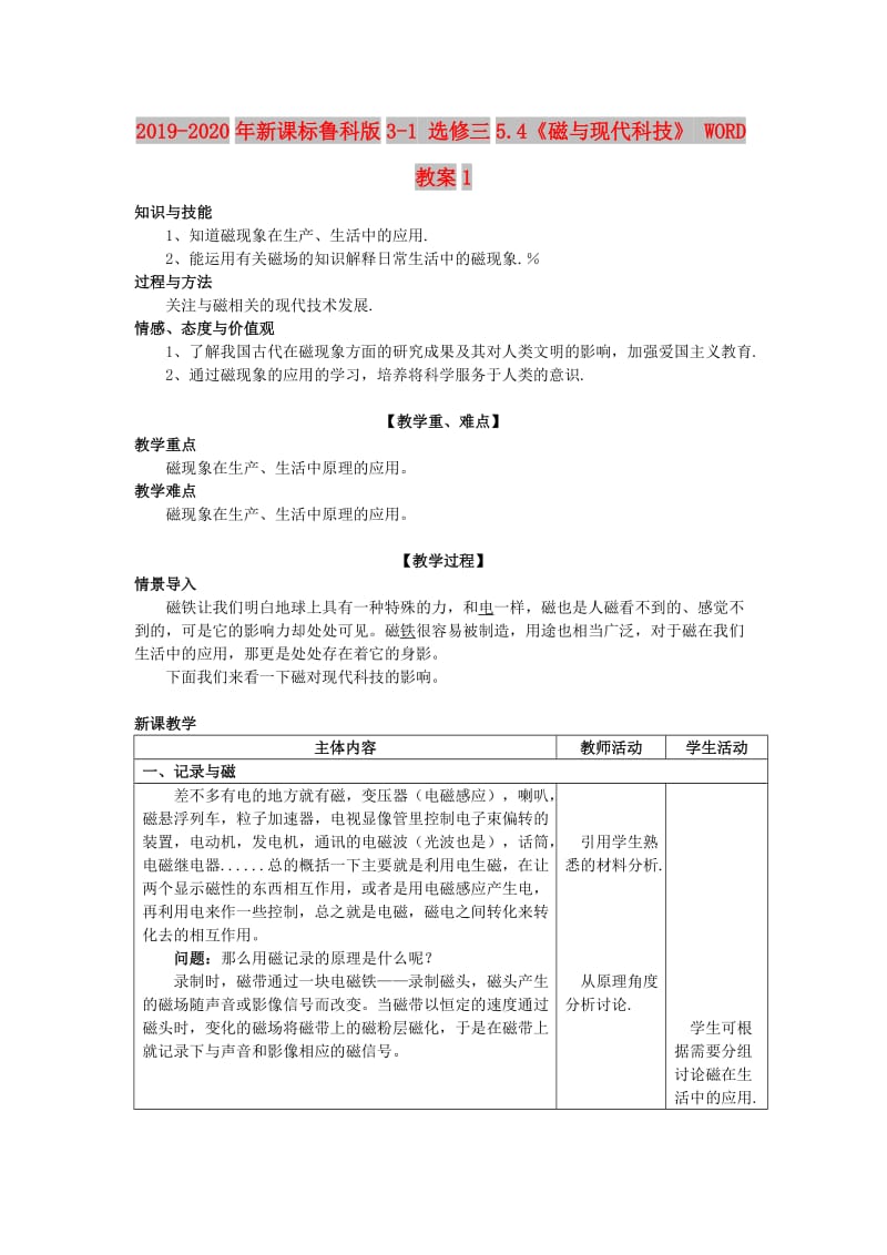 2019-2020年新课标鲁科版3-1 选修三5.4《磁与现代科技》 WORD教案1.doc_第1页