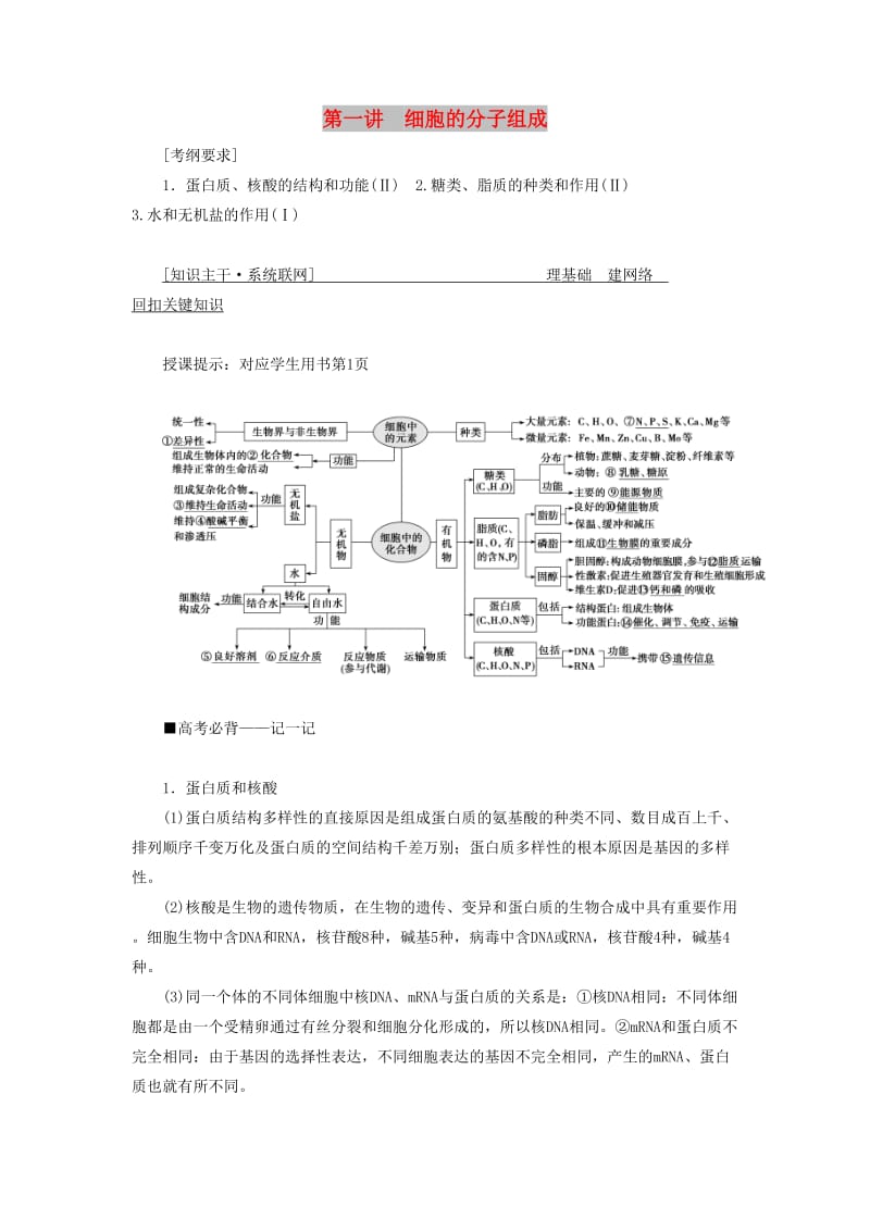 2019高考生物二轮复习专题一细胞的分子组成结构及生命历程第一讲细胞的分子组成学案.docx_第1页