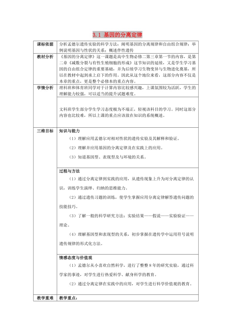 陕西省石泉县高中生物 第三章 遗传和染色体 3.1 基因的分离定律教案 苏教版必修2.doc_第1页