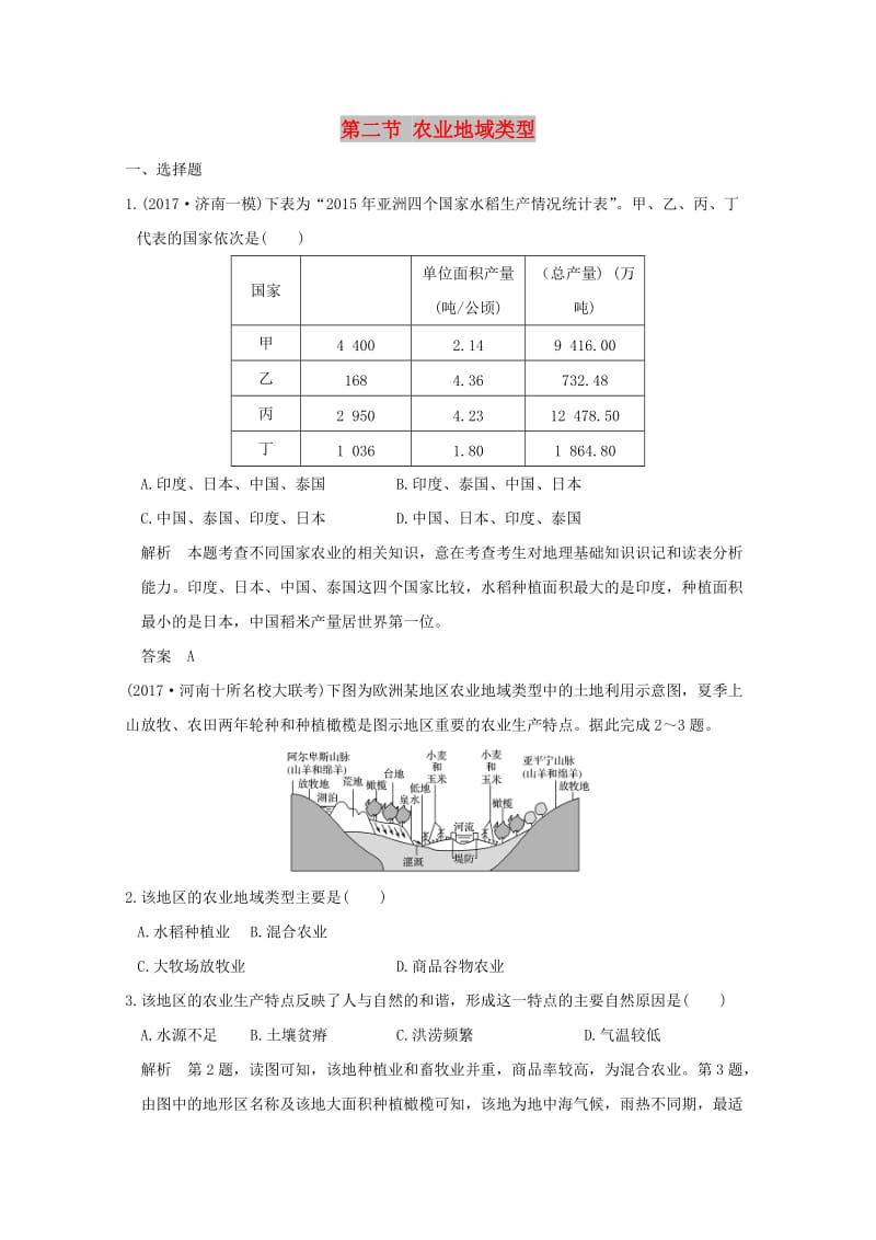 2019版高考地理一轮总复习 第八单元 第二节 农业地域类型同步检测 鲁教版.doc_第1页