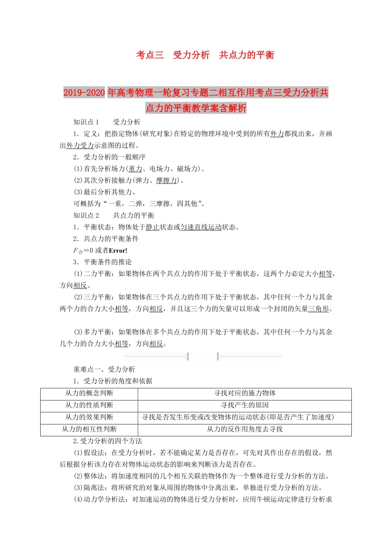 2019-2020年高考物理一轮复习专题二相互作用考点三受力分析共点力的平衡教学案含解析.doc_第1页