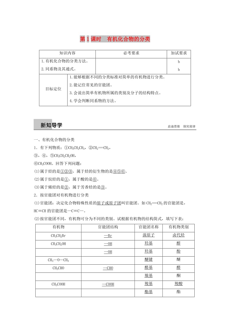 浙江专用版2018-2019版高中化学专题2有机物的结构与分类第二单元有机化合物的分类和命名第1课时学案苏教版选修5 .doc_第1页