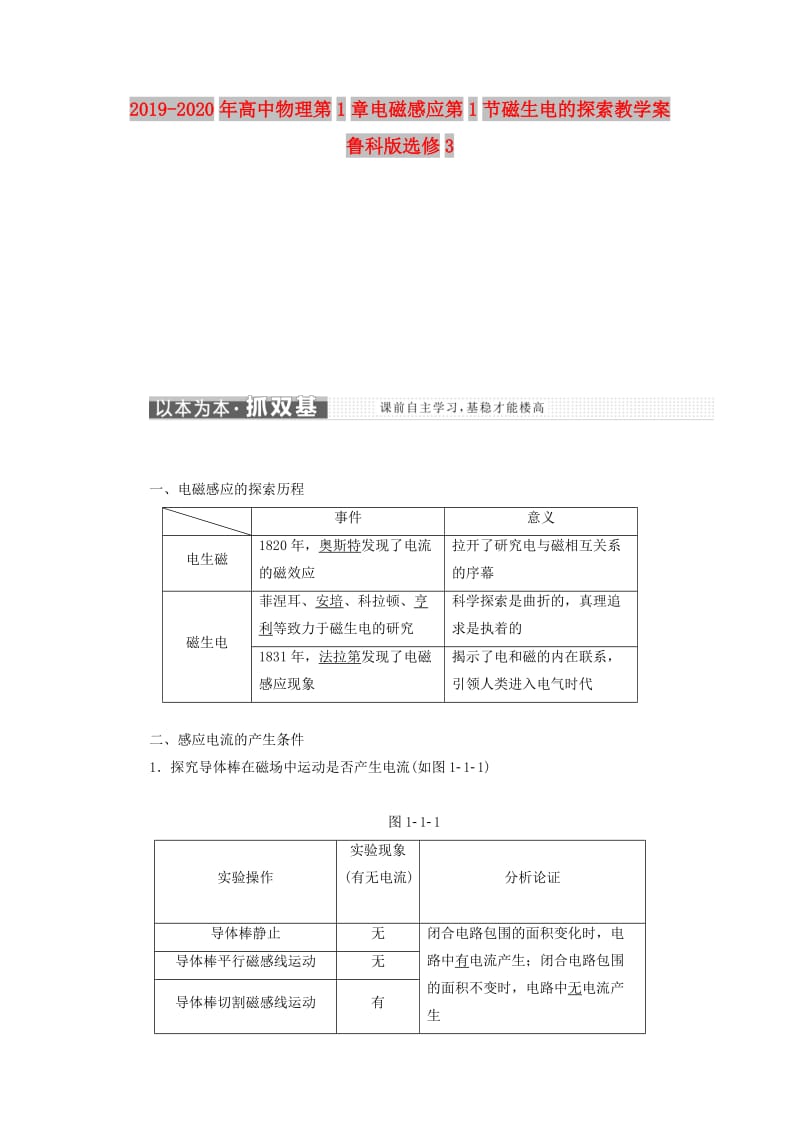 2019-2020年高中物理第1章电磁感应第1节磁生电的探索教学案鲁科版选修3.doc_第1页