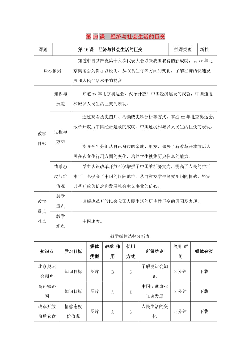 八年级历史下册 第三单元 建设中国特色社会主义 第16课 经济与社会生活的巨变教案 北师大版.doc_第1页