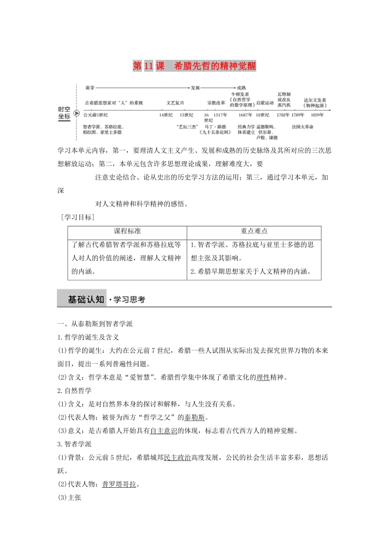 2018-2019学年高中历史 第三单元 从人文精神之源到科学理性时代 第11课 希腊先哲的精神觉醒学案 岳麓版必修3.doc_第1页