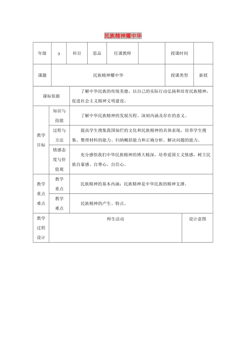 九年级政治全册 第3单元 关注国家的发展 第九课 弘扬和培育民族精神 第1框《民族精神耀中华》教案 鲁教版.doc_第1页