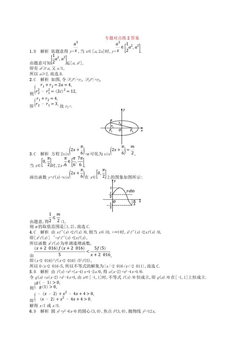 2019版高考数学二轮复习第一部分方法思想解读专题对点练2函数与方程思想数形结合思想文.doc_第3页