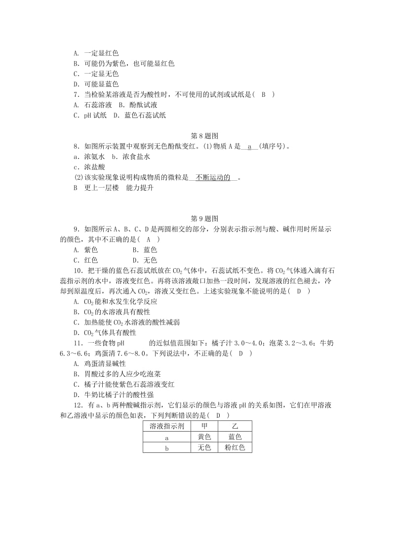 九年级科学上册 第1章 物质及其变化 第2节 物质的酸碱性 第1课时 酸性物质和碱性物质、酸碱指示剂练习 浙教版.doc_第2页