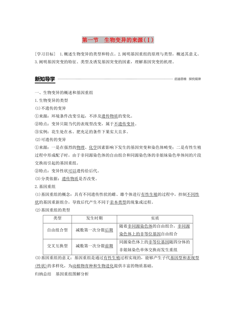 2018-2019学年高中生物 第四章 生物的变异 第一节 生物变异的来源（Ⅰ）学案 浙科版必修2.doc_第1页