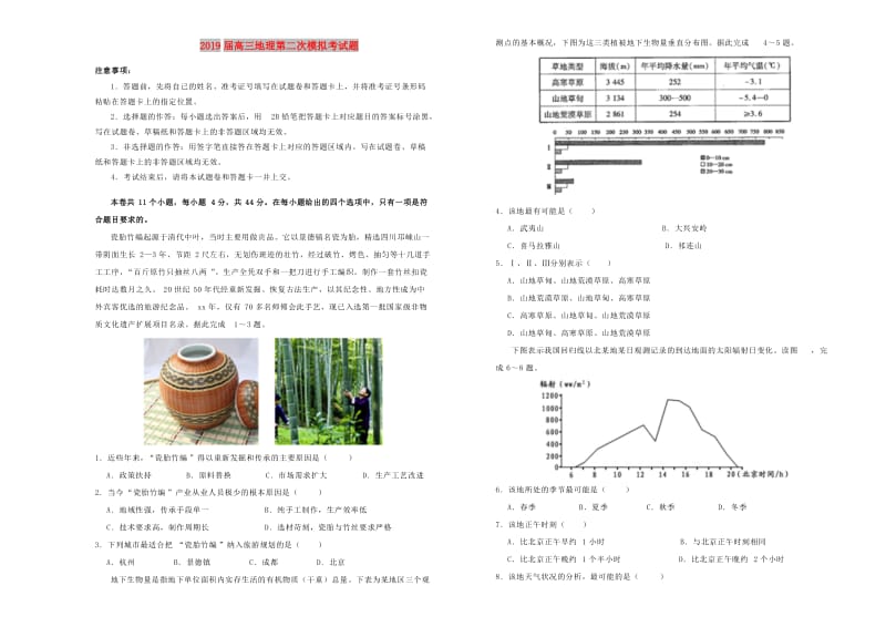 2019届高三地理第二次模拟考试题.doc_第1页