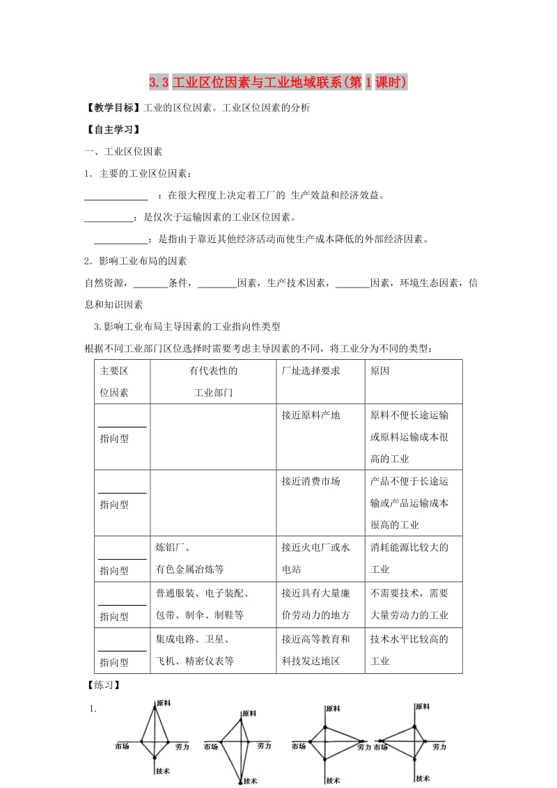 河北省邯郸市高中地理 第三章 区域产业活动 3.3 工业区位因素与工业地域联系（第1课时）学案湘教版必修2.doc_第1页