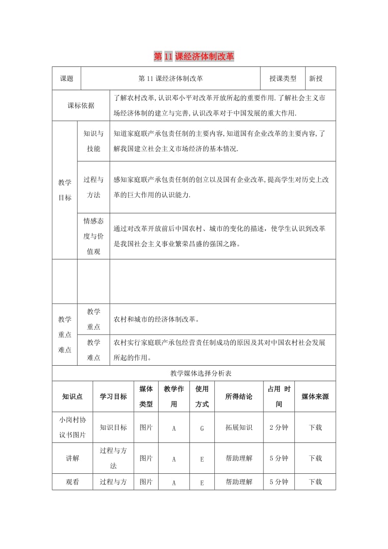 八年级历史下册 第三单元 建设中国特色社会主义 第11课 经济体制改革教案 北师大版.doc_第1页