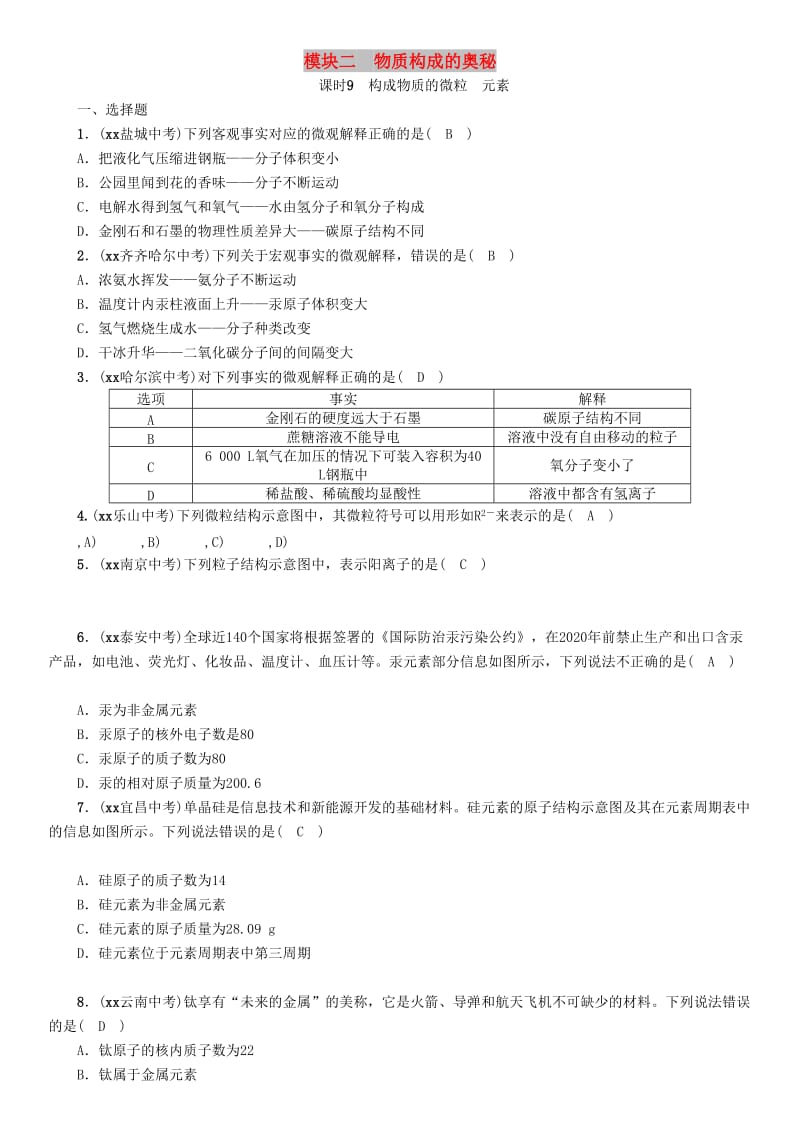 中考化学总复习 第1编 主题复习 模块2 物质构成的奥秘 课时9 构成物质的微粒 元素（精练）习题.doc_第1页