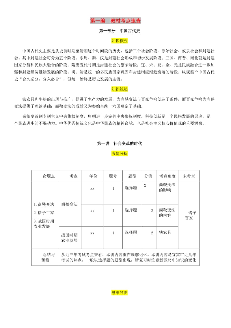 （宜宾专版）2019届中考历史总复习 第一编 教材考点速查 第一部分 中国古代史 第一讲 社会变革的时代试题.doc_第1页