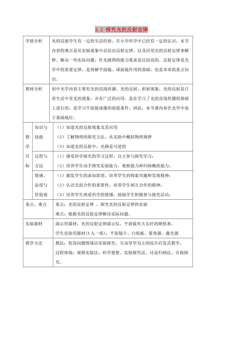 八年级物理上册 3.2《探究光的反射规律》教学设计 （新版）粤教沪版.doc_第1页