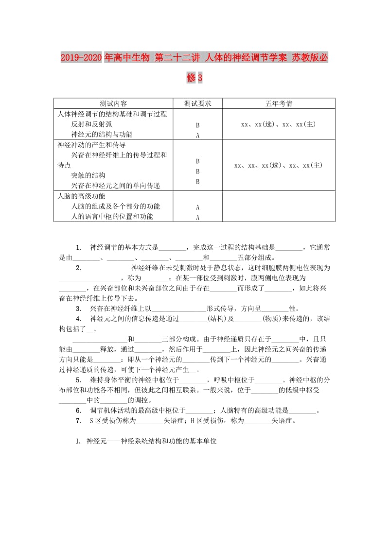 2019-2020年高中生物 第二十二讲 人体的神经调节学案 苏教版必修3.doc_第1页