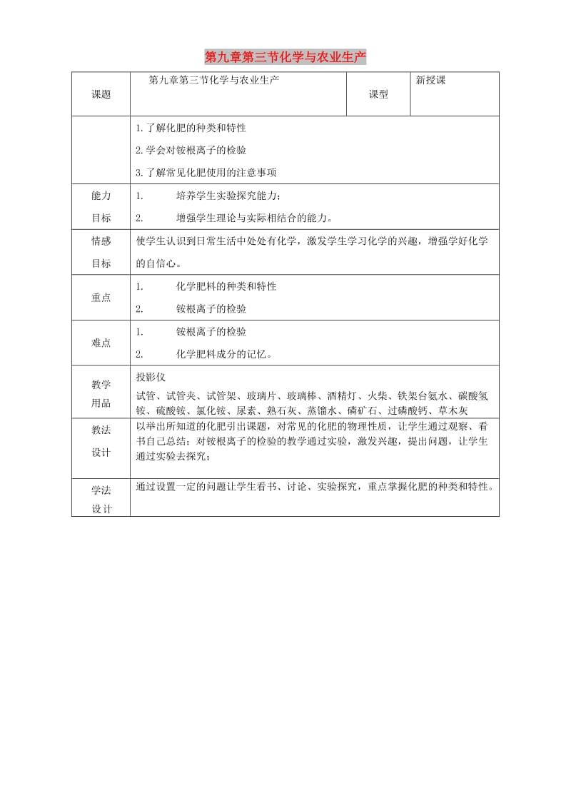 九年级化学全册 第九单元 化学与社会 9.3 化学与农业生产教案1 鲁教版.doc_第1页