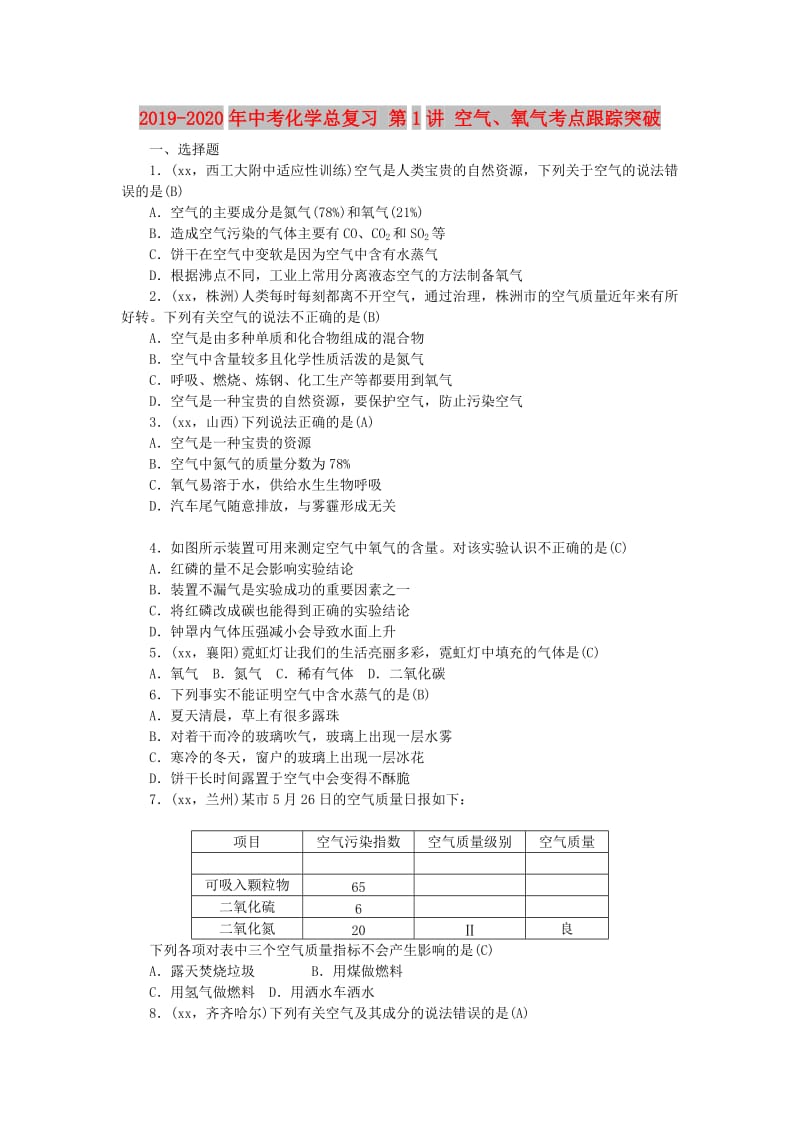 2019-2020年中考化学总复习 第1讲 空气、氧气考点跟踪突破.doc_第1页