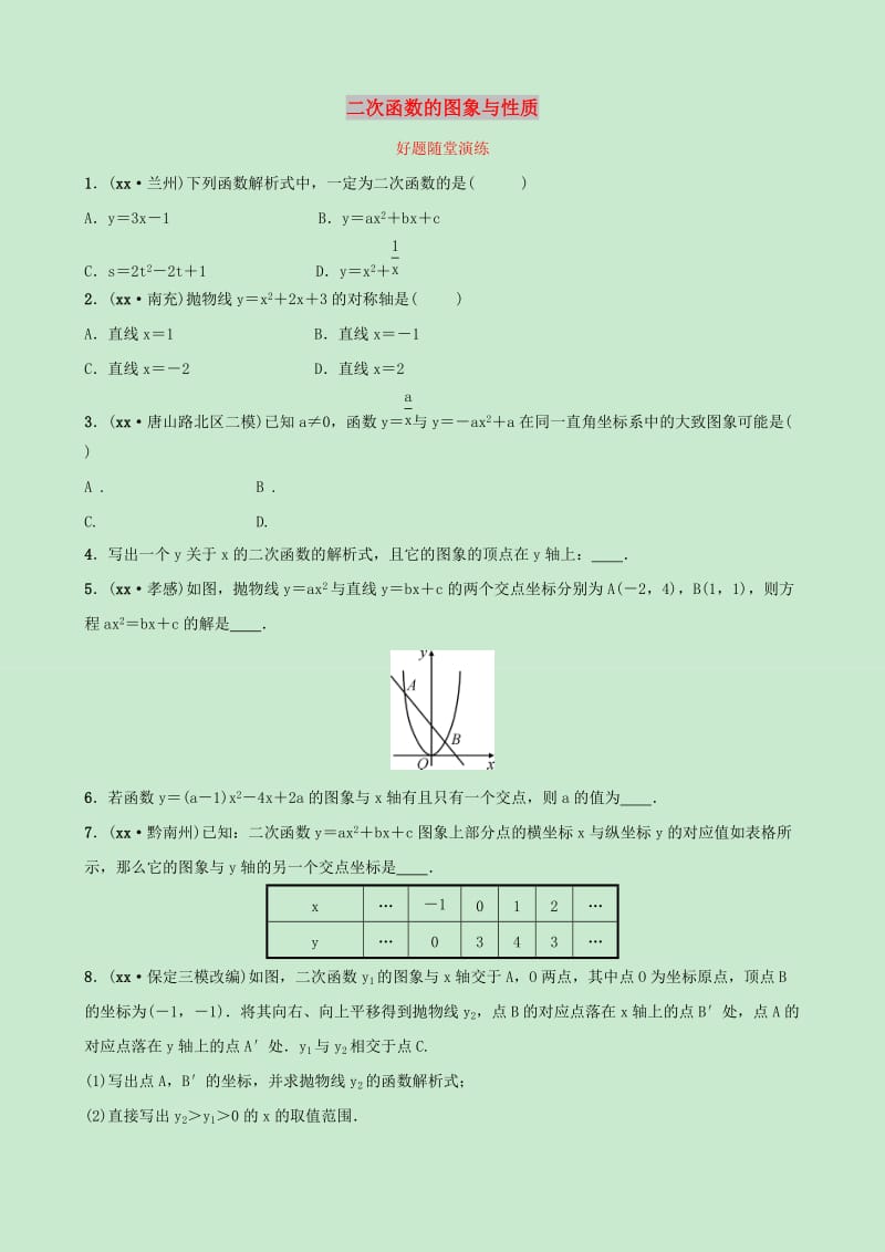 河北省2019年中考数学一轮复习第三章函数第四节二次函数的图象与性质好题随堂演练.doc_第1页