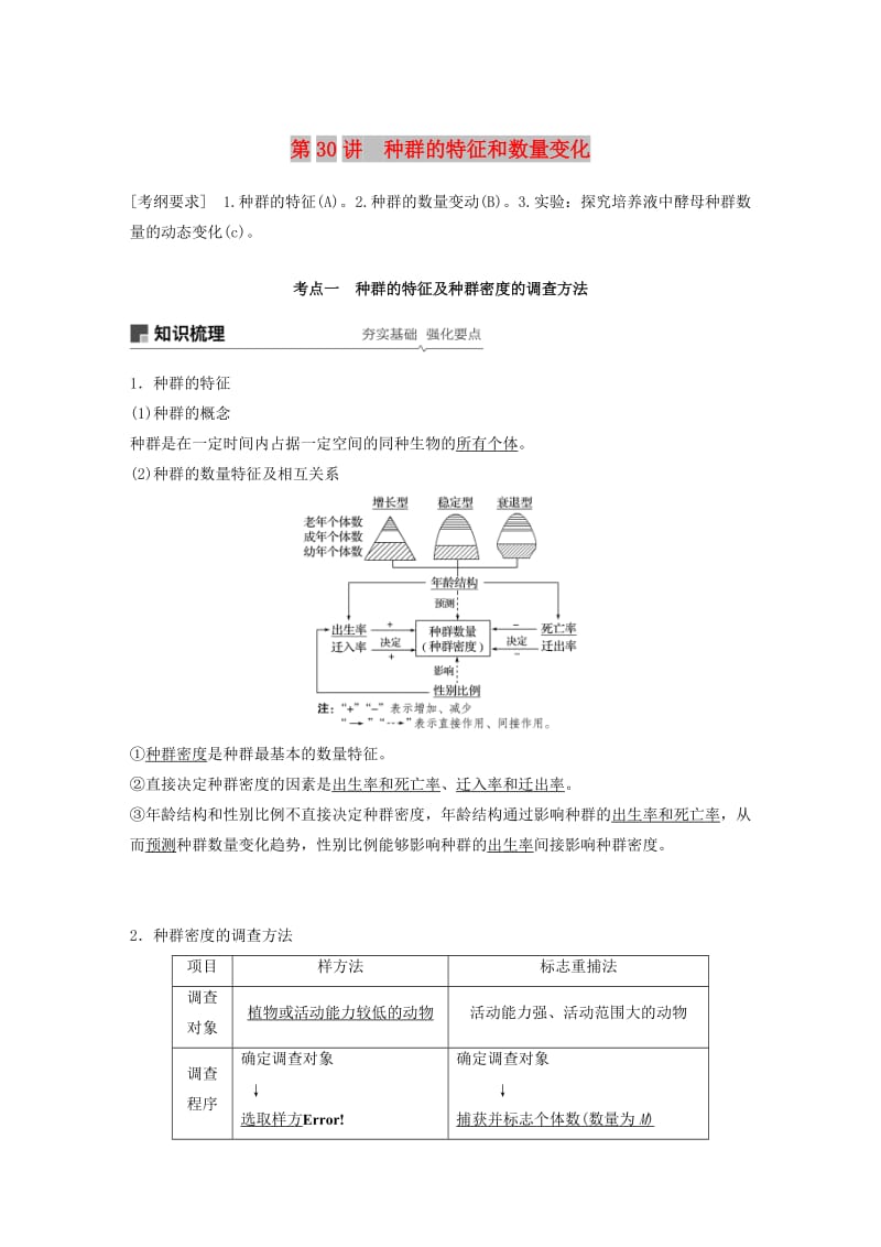 （江苏专用）2020版高考生物新导学大一轮复习 第九单元 生物与环境 第30讲 种群的特征和数量变化讲义（含解析）苏教版.docx_第1页