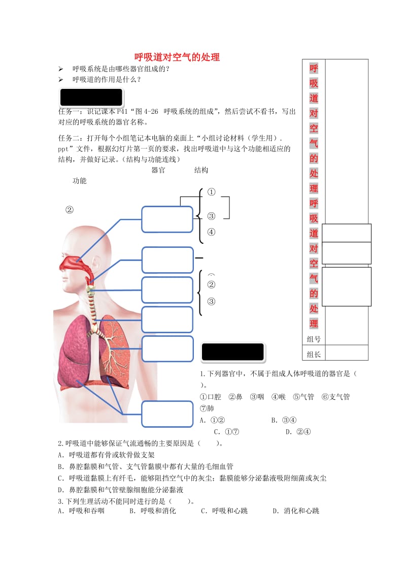 七年级生物下册 4.3.1《呼吸道对空气的处理》学案（新版）新人教版.doc_第1页