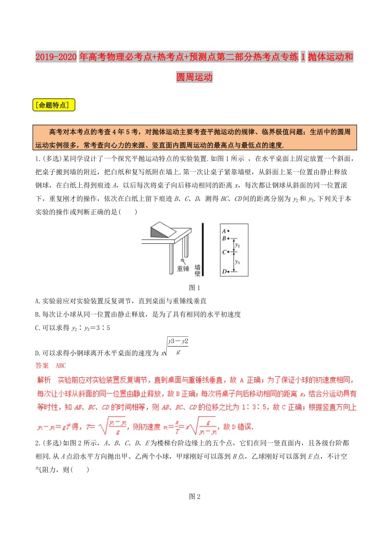 2019-2020年高考物理必考点+热考点+预测点第二部分热考点专练1抛体运动和圆周运动.doc_第1页