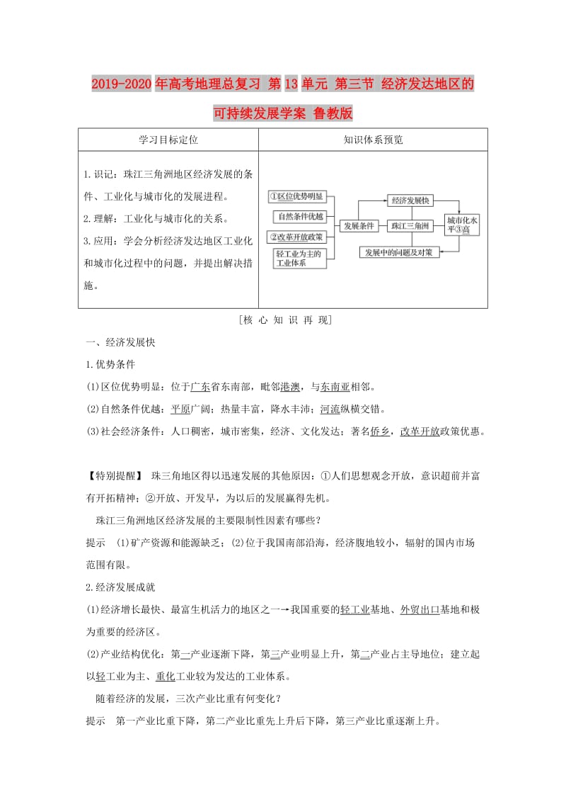 2019-2020年高考地理总复习 第13单元 第三节 经济发达地区的可持续发展学案 鲁教版.doc_第1页