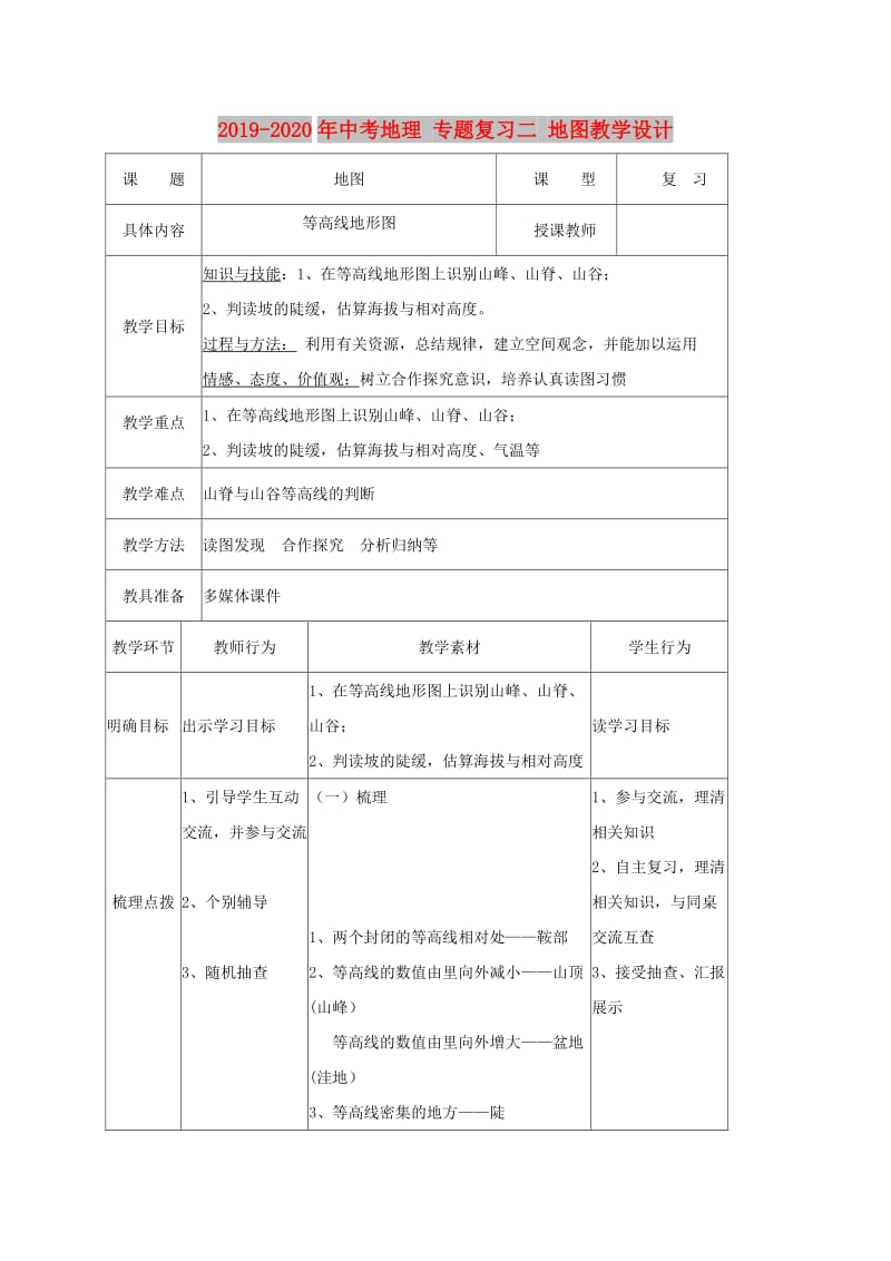 2019-2020年中考地理 专题复习二 地图教学设计.doc_第1页