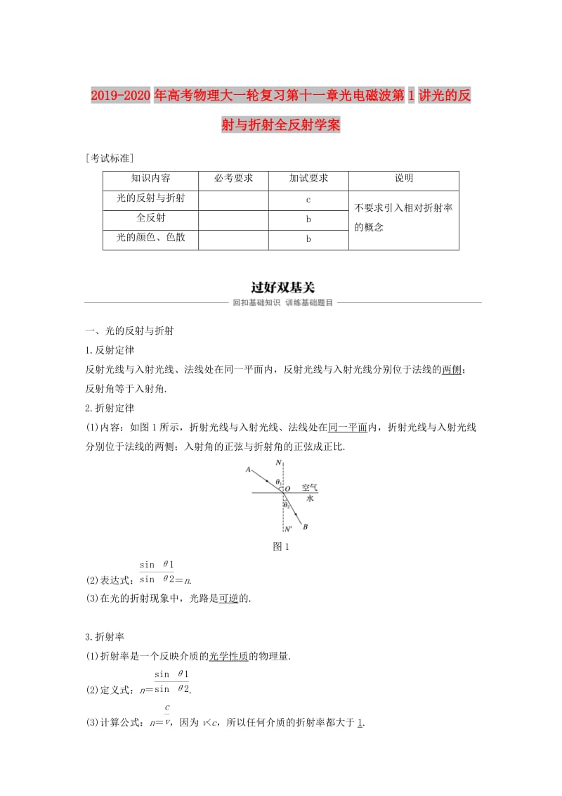 2019-2020年高考物理大一轮复习第十一章光电磁波第1讲光的反射与折射全反射学案.doc_第1页