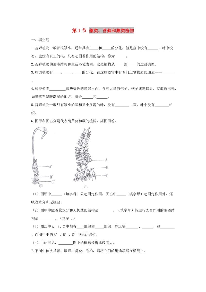 七年级生物上册 3.1.1《藻类、苔藓和蕨类植物》练习 （新版）新人教版.doc_第1页