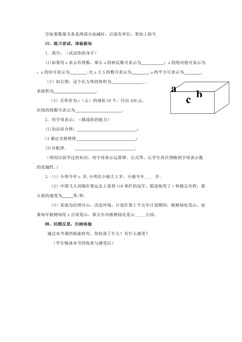 七年级数学上册 第五章 代数式与函数的初步认识 5.1《用字母表示数》教案 （新版）青岛版.doc_第3页