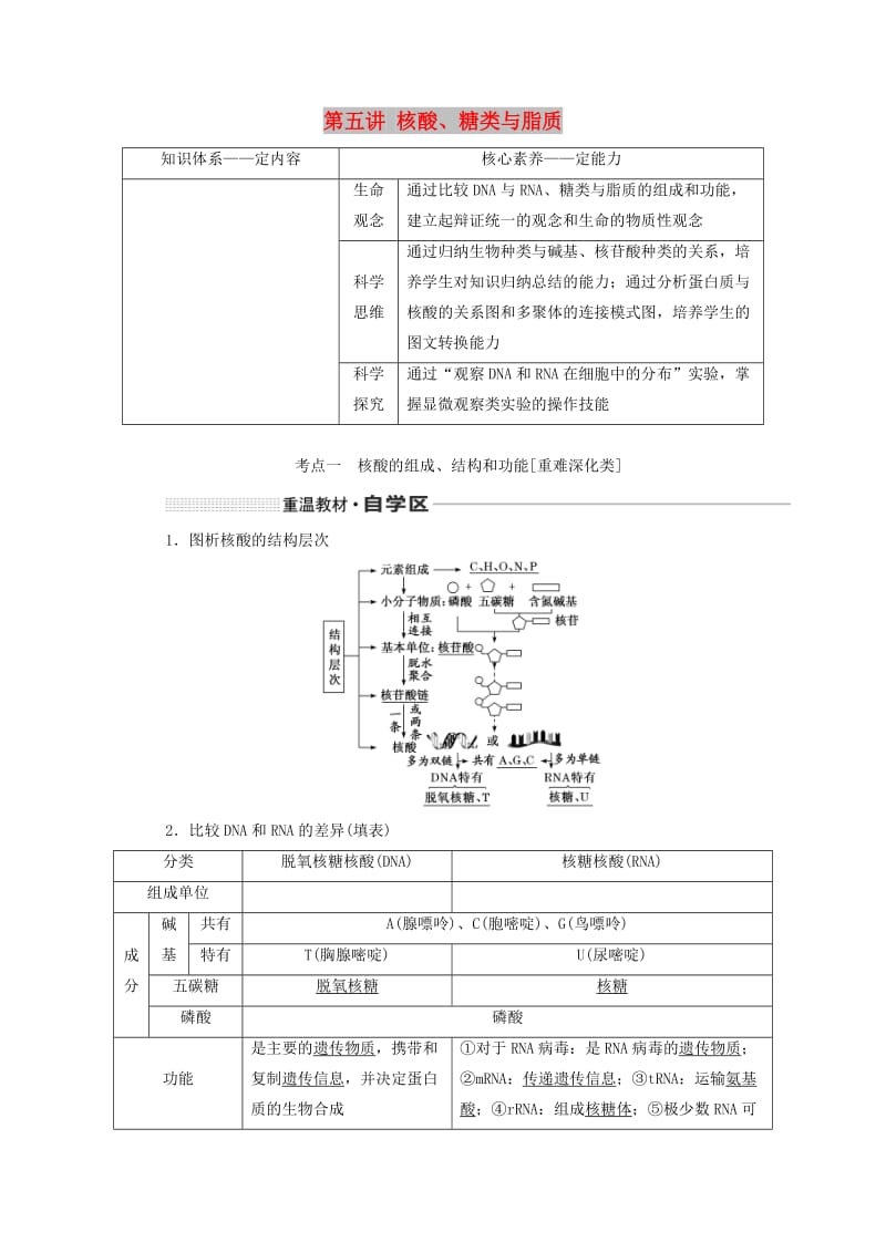 （通用版）2020版高考生物一轮复习 第一单元 第五讲 核酸、糖类与脂质学案（含解析）.doc_第1页