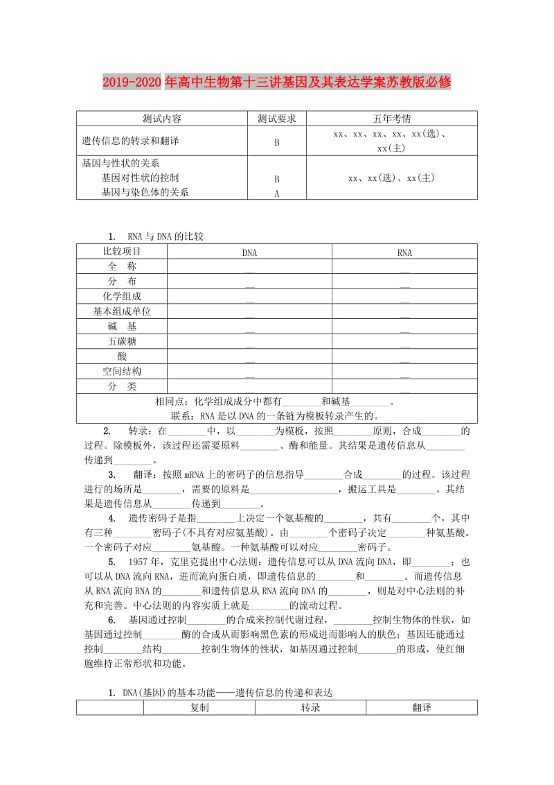 2019-2020年高中生物第十三讲基因及其表达学案苏教版必修.doc_第1页