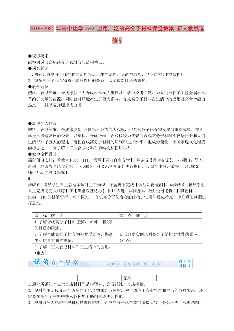 2019-2020年高中化学 5-2 应用广泛的高分子材料课堂教案 新人教版选修5.doc_第1页