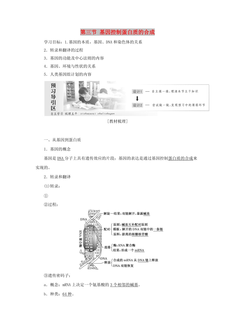 2018年高中生物 第四章 遗传的分子基础 第三节 基因控制蛋白质的合成教学案 苏教版必修2.doc_第1页