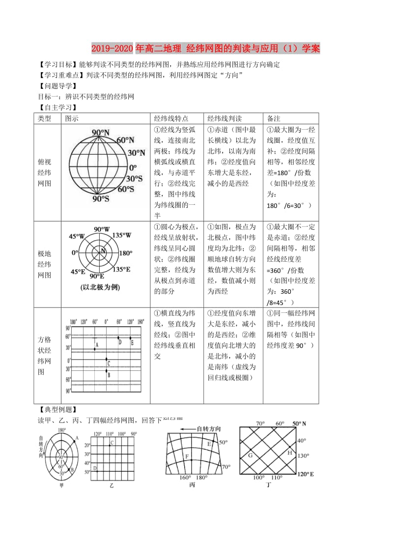 2019-2020年高二地理 经纬网图的判读与应用（1）学案.doc_第1页