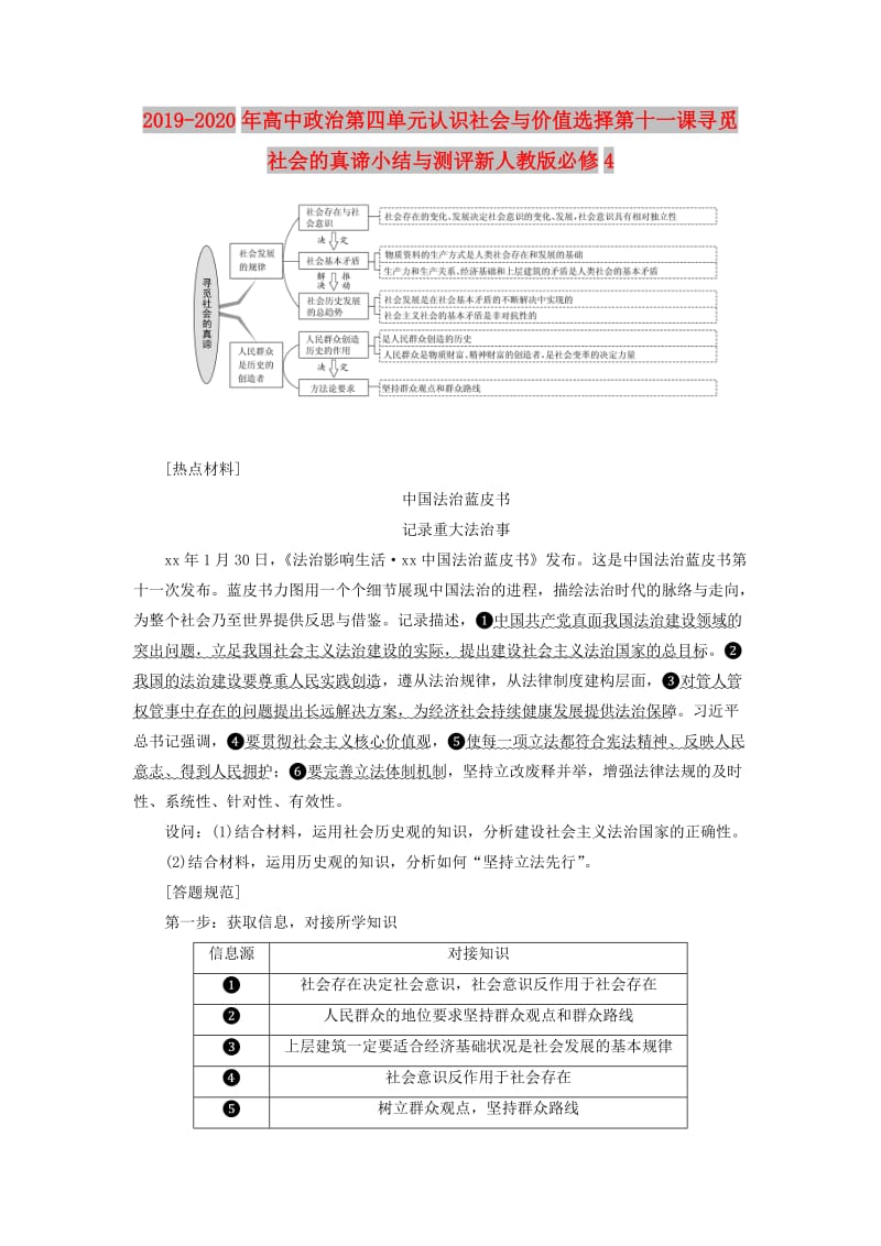 2019-2020年高中政治第四单元认识社会与价值选择第十一课寻觅社会的真谛小结与测评新人教版必修4.doc_第1页