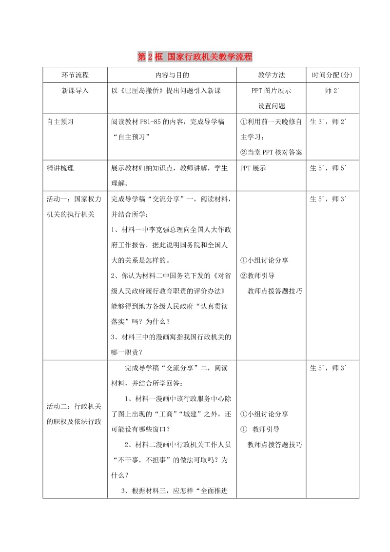 八年级道德与法治下册 第三单元 人民当家作主 第六课 我国国家机构 第2框 国家行政机关教学流程 新人教版.doc_第1页