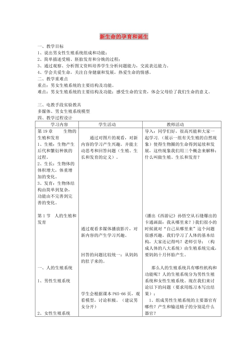 八年级生物上册 第6单元 第19章 第1节 人的生殖和发育（第1课时 新生命的孕育和诞生）教案 （新版）北师大版.doc_第1页