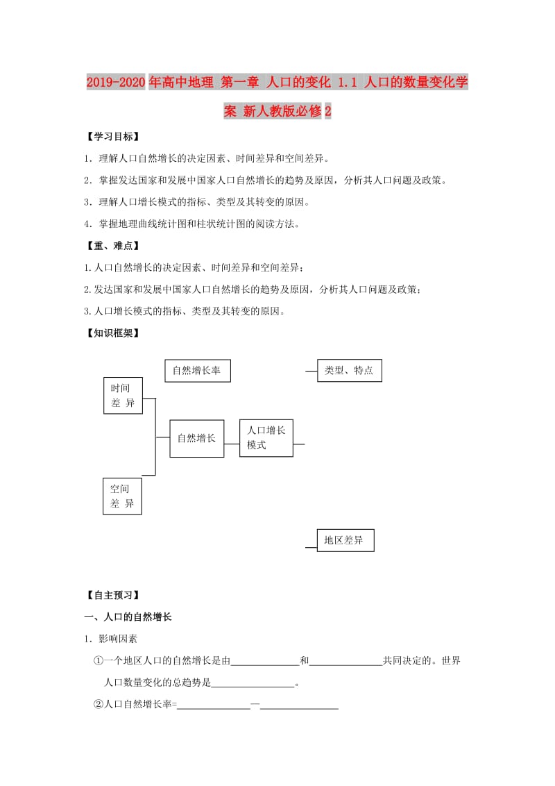 2019-2020年高中地理 第一章 人口的变化 1.1 人口的数量变化学案 新人教版必修2.doc_第1页