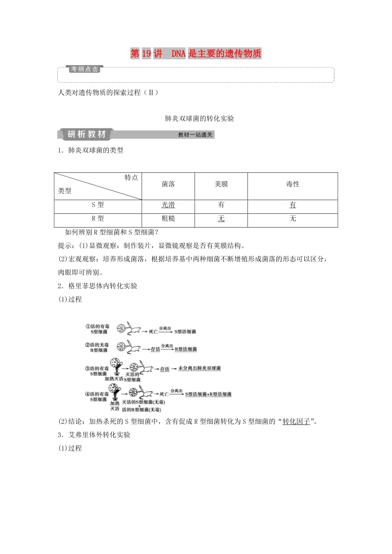 2019届高考生物一轮复习 第六单元 遗传的物质基础 第19讲 DNA是主要的遗传物质学案.doc_第1页