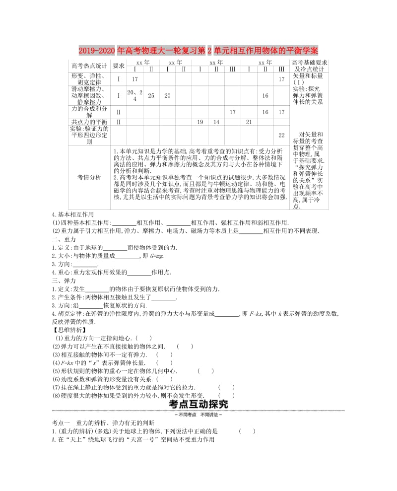 2019-2020年高考物理大一轮复习第2单元相互作用物体的平衡学案.doc_第1页